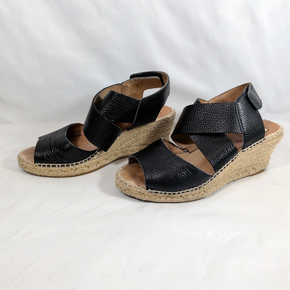 Kanna Black Leather Espadrille Wedge Sandals; Size 38 Made in Spain